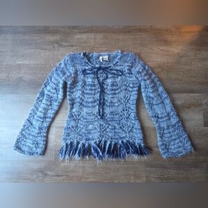 Vintage Twiggy Boho Loose Knit Sweater Blue Mohair Blend Fringe, Bell Sleeve